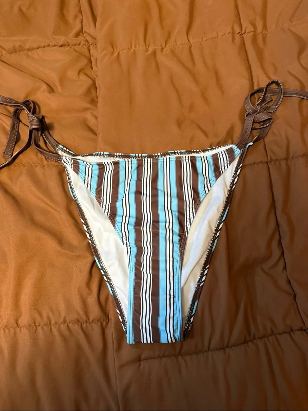 SHEIN blue, brown, and white vertically striped tie bikini bottoms Size 1XL